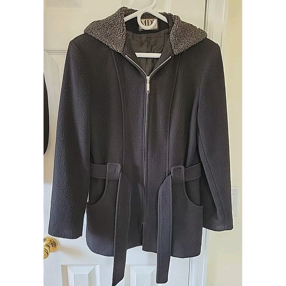 Mario De Pinto Wool Blend Hooded Coat Jacket Black Made in USA Zip Front Size S